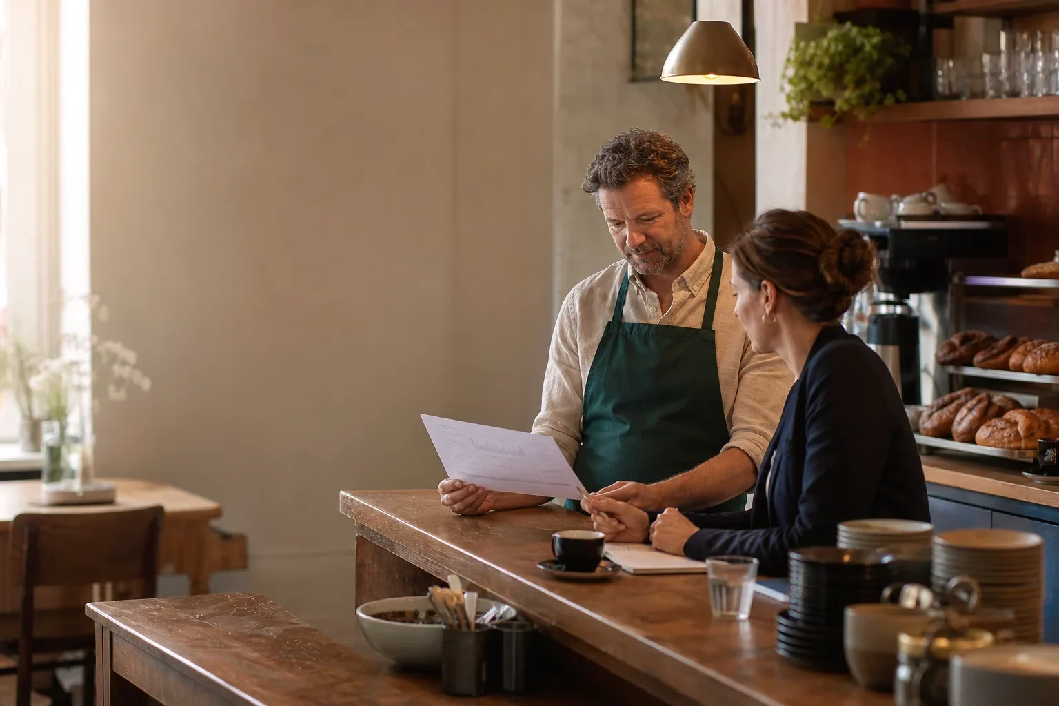 Horecaondernemer bespreekt zijn energiecontract met een adviseur in zijn lunchroom