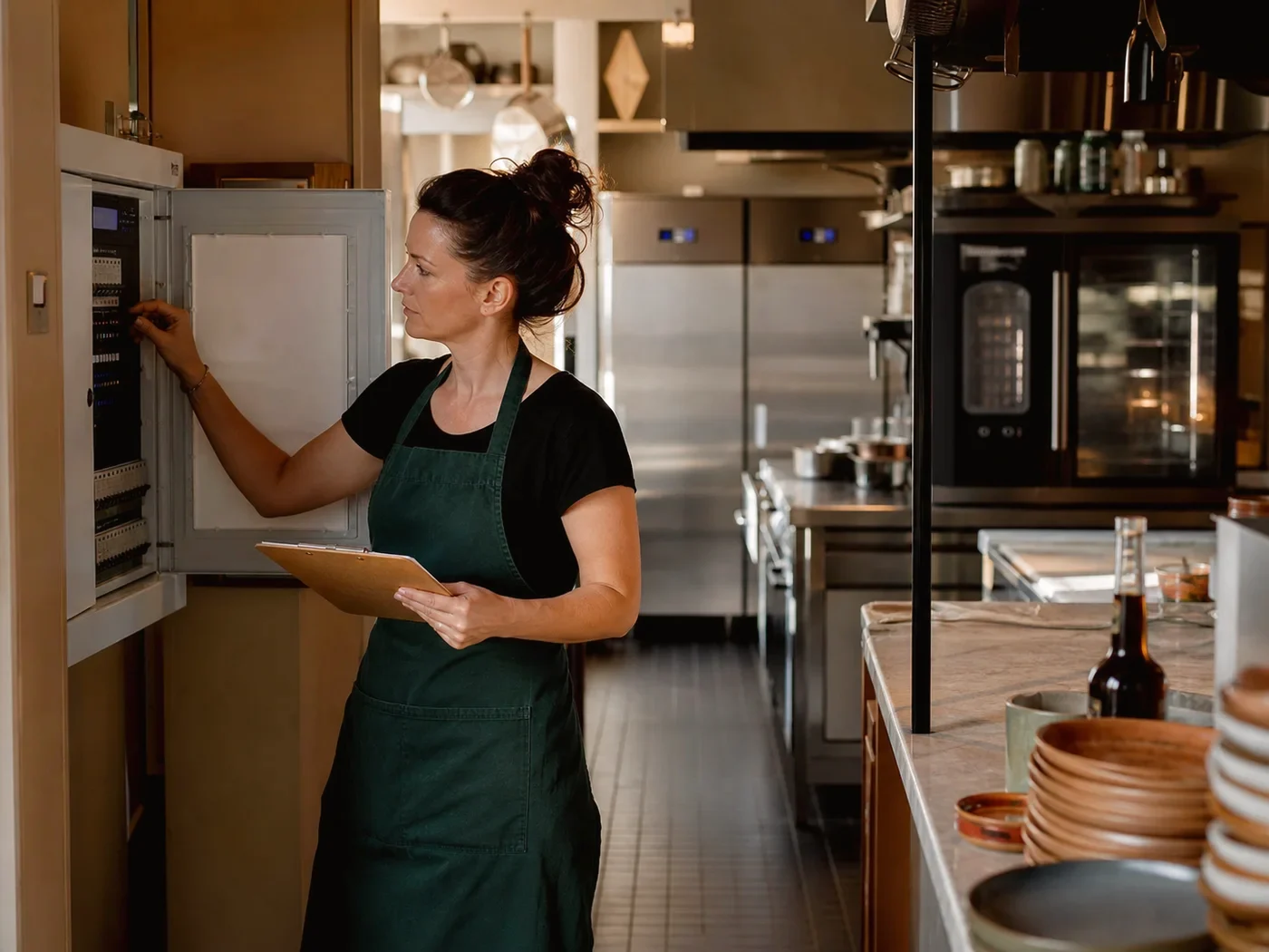 Restauranteigenaar controleert de energiemeter in haar keuken